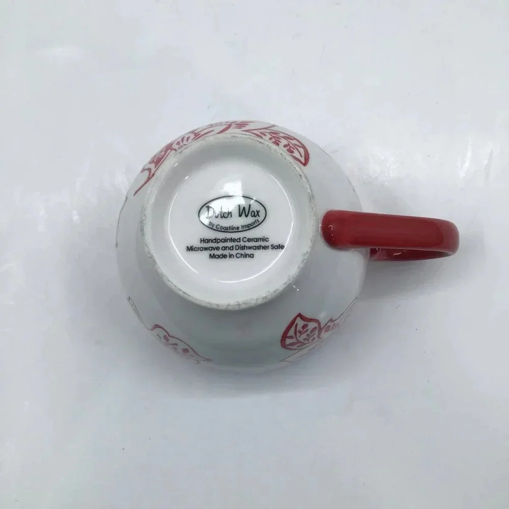 Dutch Wax Coffee Tea Mug Cup Hand-Painted Wisconsin Red White Floral Cottagecore - Picture 7 of 8